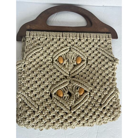 Handmade Ivory/Brown Boho Crochet Knit Macrame Beaded Wooden Handles Bag Purse - Picture 2 of 8